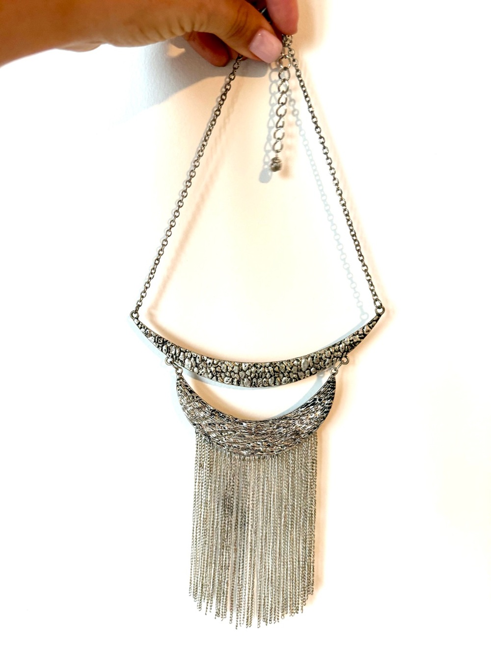 Silver Fringe Statement Necklace. Adjustable.